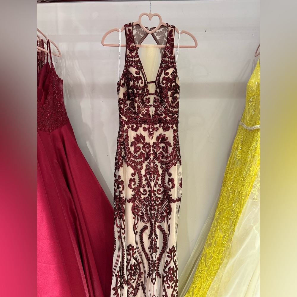 Elegant Burgundy Embroidered Cream Evening Dress